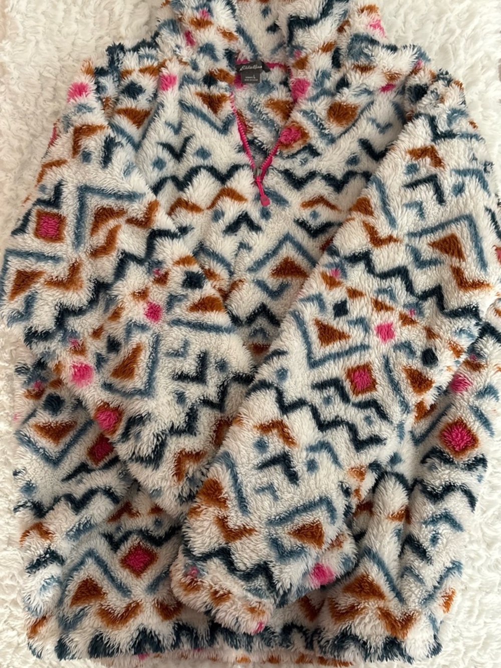 Eddie Bauer Cream Fuzzy Pullover with Navy, Brown & Pink Accents